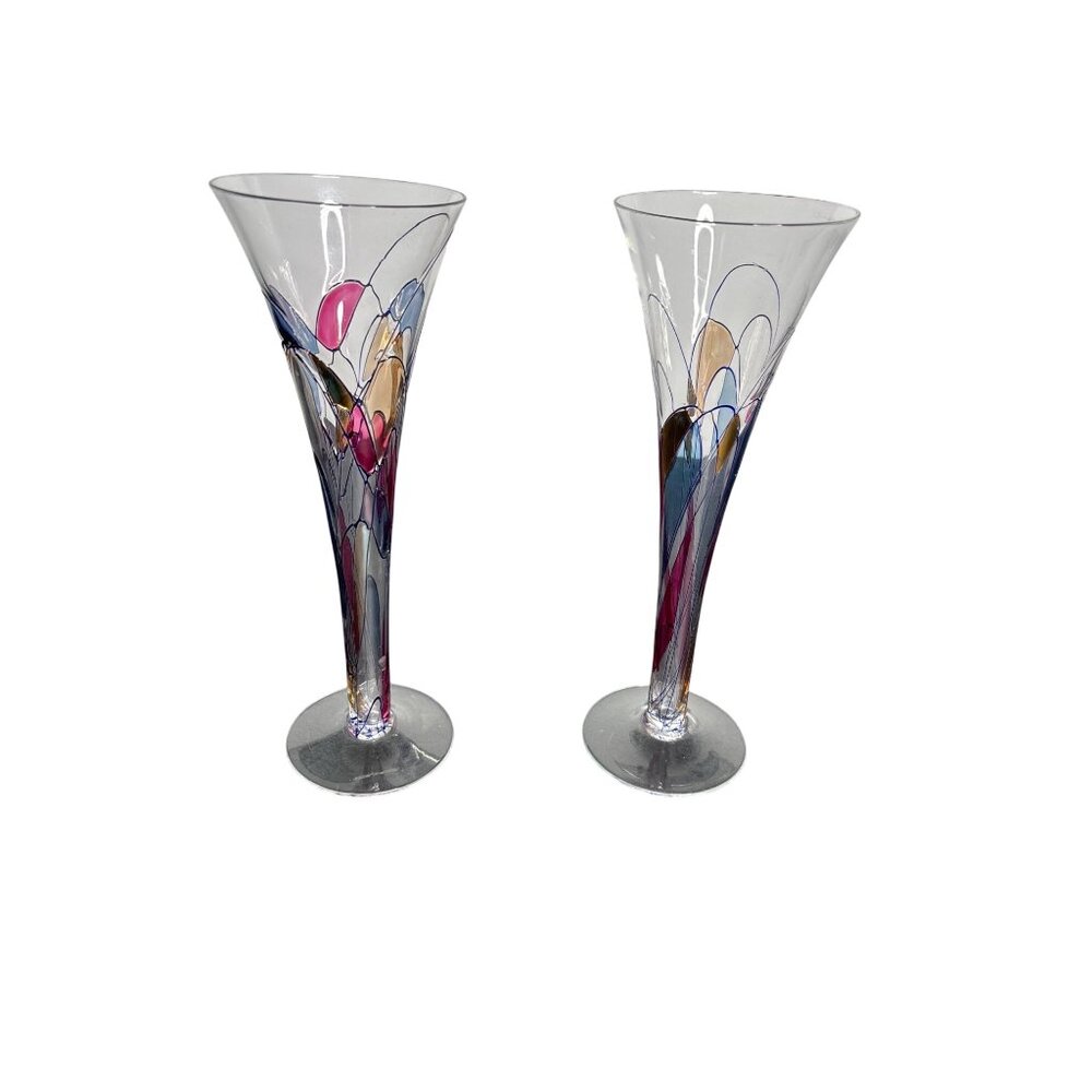 Gorgeous Italian Hand Blown Hand painted Champaign Flutes Glasses